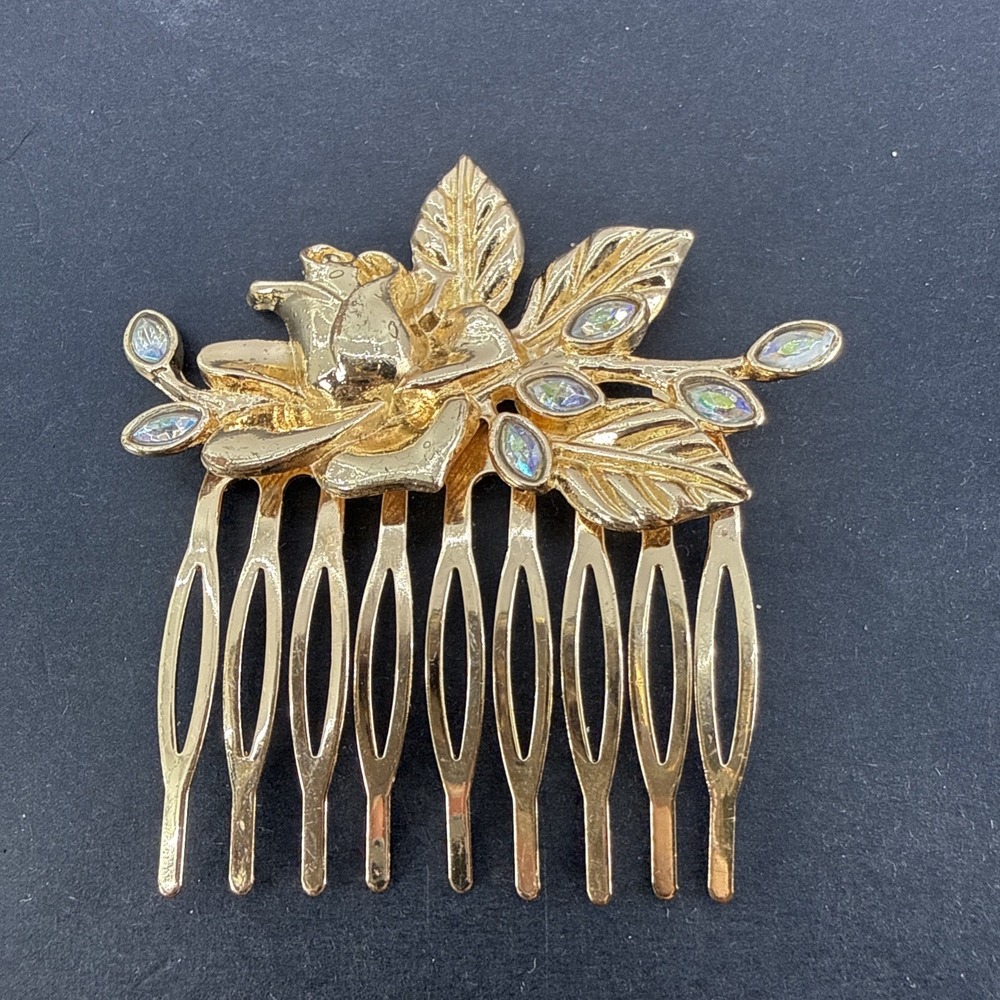Beautiful Vtg Disney Store London Gold Flowers Rhinestones Princess Hair Comb